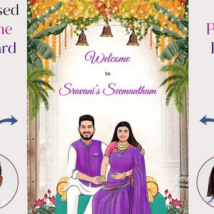 Borden babyshower | Indiase aangepaste karikatuur Seemanham, Valaikappu, Godh Bharai ceremonie welkomstborden | Hindoe-zwangerschapstekens | Bewerkbaar