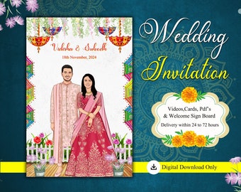 Caricature wedding invitation, indian wedding invitation with couple illustration, hindu wedding invitation, customised caricature invites