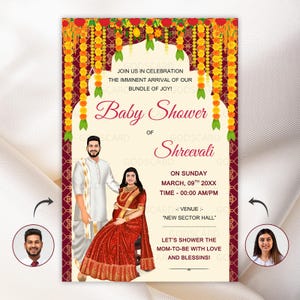 Indiano Personalizza Caricatura Invito Baby Shower / Hindu Seemantham, Valaikappu, Godh Bharai, Invito digitale maternità / Personalizzabile