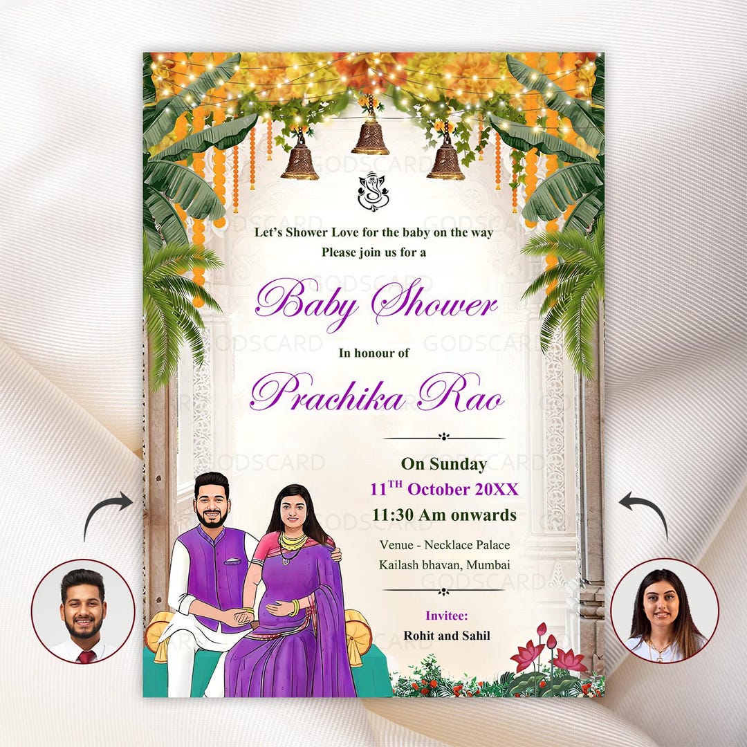 Indian Caricature Baby Shower, Seemantha, Valaikappu, Godh Bharai