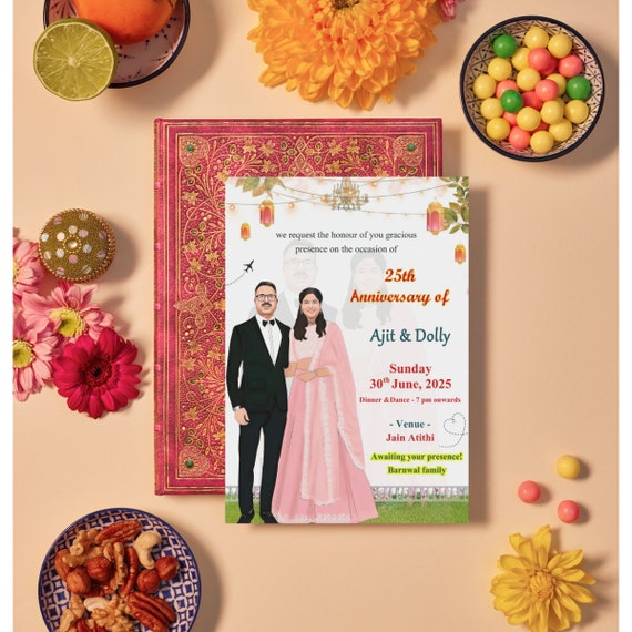 Indian Caricature Wedding Anniversary Invitation | Personalizable