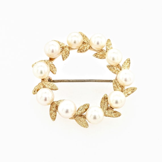 Vintage Pearl Wreath Pin, 14 Karat Yellow Gold - image 1