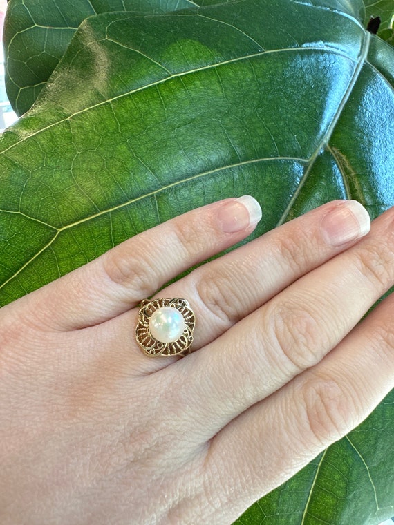 Pierred Style Pearl Ring, 14 Karat Yellow Gold 8m… - image 1