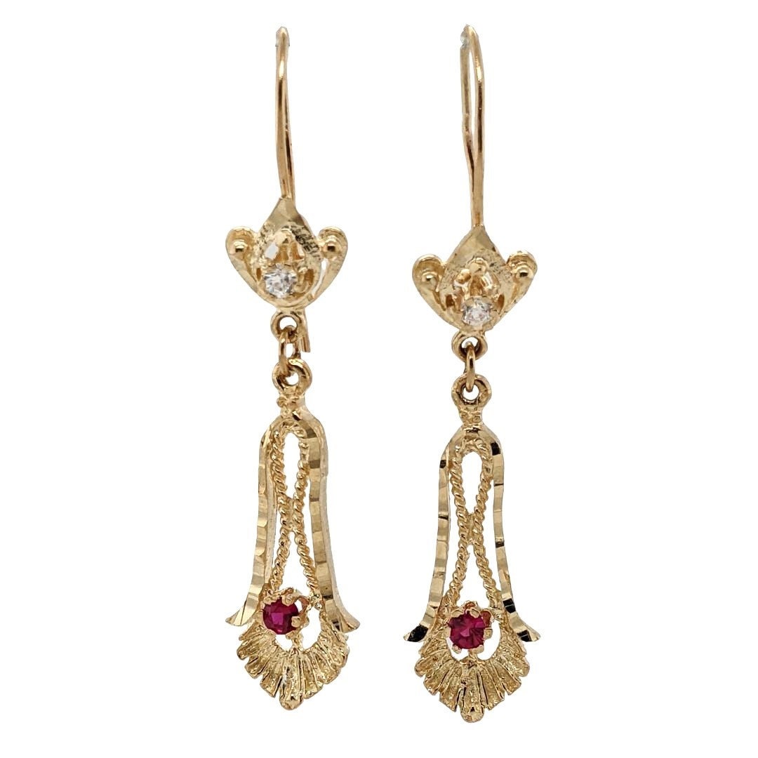 Ruby and Diamond Drop Earrings, 14 Karat Yellow Gold Ruby and Diamond