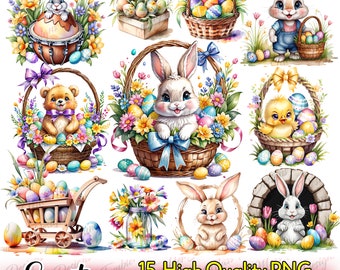 Watercolor Easter Clipart Bundle, Spring Clipart, Easter Bunny, Easter Egg, Easter Basket PNG, Happy Easter Day