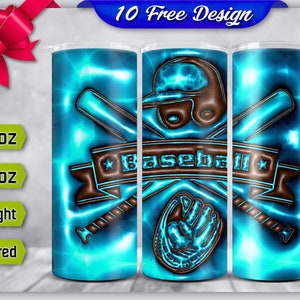 Puede incluir: Un diseño de sublimación para un vaso de 20 oz o 30 oz con un guante de béisbol, bates y la palabra "Béisbol" en un esquema de colores azul y marrón.