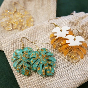 Earrings Monstera large gold leaf | green | white | blue statement epoxy resin handmade