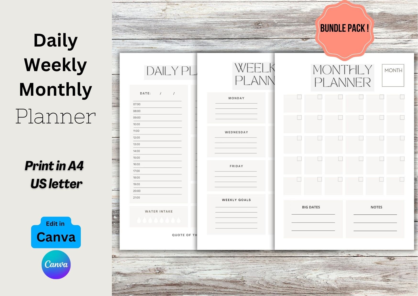 Daily Planner, Weekly Planner, Monthly Planner Printable PACK! Planner Insert Sets, To do List, Productivity, Work Day, Hourly, A4 A5 Letter