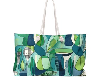 Cubist Garden Midcentury Modern Pattern Blue Green Market Shopper Travel Beach Weekender Bag