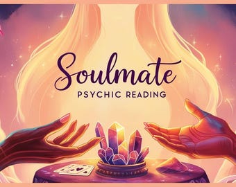 May include: An artistic illustration with the word "Soulmate" in elegant script, accompanied by "Psychic Reading." The image features hands, crystals, and playing cards, set against a soft, ethereal background with warm colors.