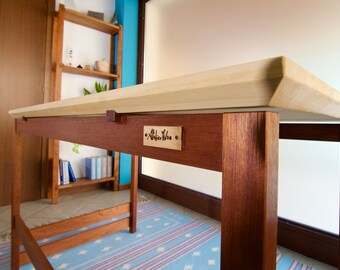 Office desk in recycled wood (mahogany and paulownia) with reclaimed marble insert, oil finish, completely sustainable.