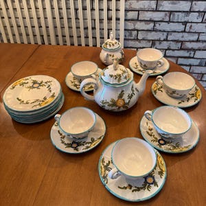 Gorgeous 22 piece Antique Italian Majolica Faience Tea Set : Includes Teapot, Cups, Saucers, Plates, Sugar Bowl