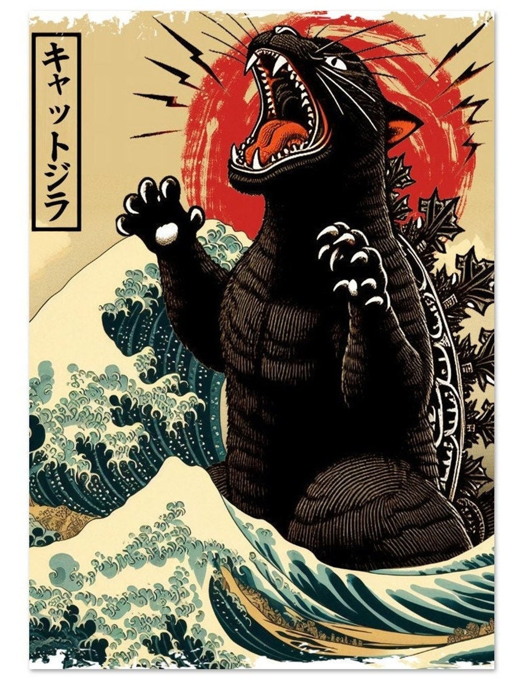 Catzilla in the Waves of Kanagawa| Posters | Gift | Japanese Art Fun ...