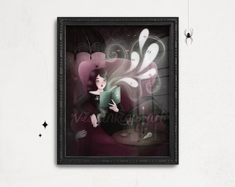 Impressão artística de histórias de fantasmas 8 x 10 polegadas, arte de Halloween, estética vintage