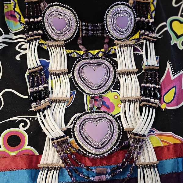 POW WOW TIME...Dentalium and wampum set...necklace, choker with attached beaded hearts, beaded heart dentalium earrings.