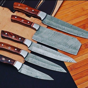Hand Forged Damascus Steel Chef Knife Set, Kitchen Knives | Chef Knive Set, Handmade 5 Pcs Luxury Damasuc Knife Gift for him, Gifts for her