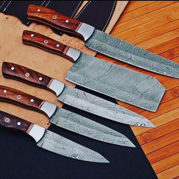 Custom Handmade Damascus steel chef knife set of 5 pieces with olive wood handle, Kitchen knife set , Japanese knife set Christmas Gift