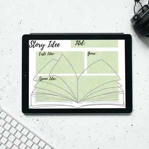 May include: A digital tablet displaying a green and white printable story idea planner with the text "Story Idee" and "Titel:" at the top. The planner is designed to help writers brainstorm and organize their story ideas.