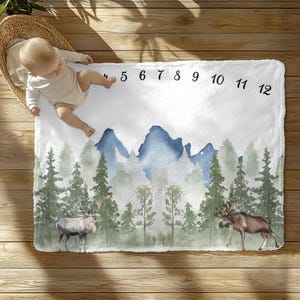 Mountain Wildlife Moose Milestone Velveteen Plush Blanket First Year New Mom Baby Shower Gift