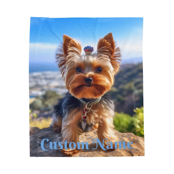 Adorable Custom Yorkshire Terrier Throw Yorkie Dog Puppy on Rock Soft Velveteen Plush Blanket, Personalized Dog Lover gift for him her