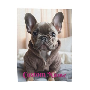 May include: A light brown French bulldog puppy wearing a brown sweater, sitting on a light brown blanket. The text "Custom Name" is written in pink below the puppy.