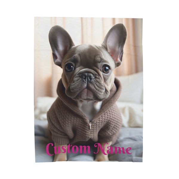 Custom Adorable French Bulldog Throw Personalized Name Frenchie Soft Velveteen Minky Blanket Dog Lover Gift for him her Birthday Puppy