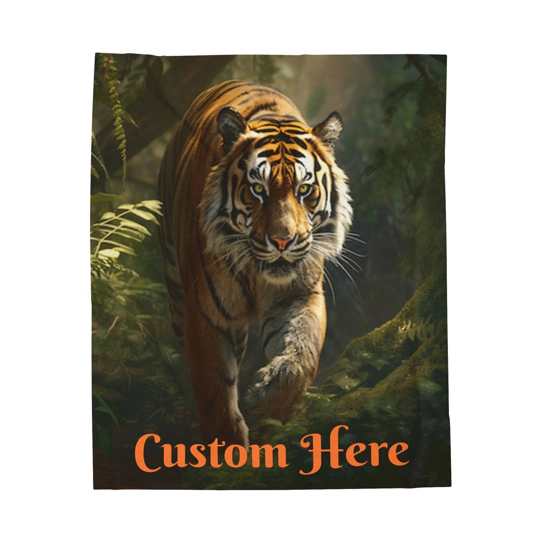 Custom Tiger Location Custom Tiger Throw Cat Walking in Jungle Soft Velveteen Minky Blanket ...