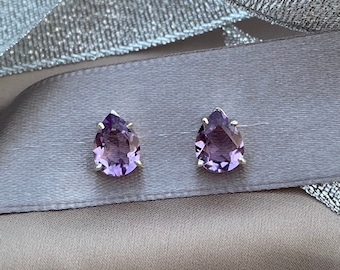 Natürliche Amethyst Tropfen Ohrringe, birnenförmige Ohrstecker, Lavendel Schmuck, Februar Geburtsstein, lila Tropfen Ohrring, Geschenk, zierlich