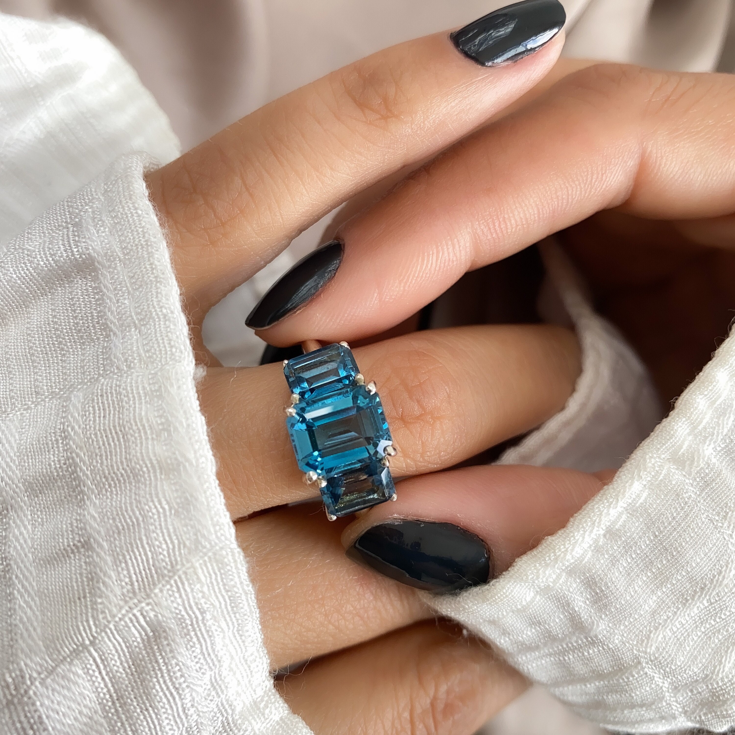 London Blue Topaz Ring Three Stone Emerald Cut Engagement Ring 3 Stone Ring December Birthstone Blue Stone Ringthumbnail