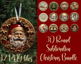 3D Christmas Ornament Sublimation Bundle: Gold Round PNG (Digital Download)