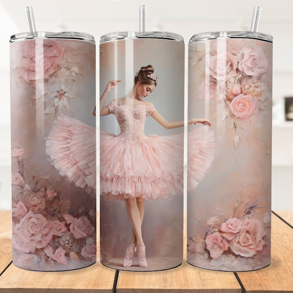 Pink Ballerina 20 oz Skinny Tumbler Sublimation Design, Pink Roses, Straight Tumbler Wrap, Instant Digital Download PNG 300 DPI