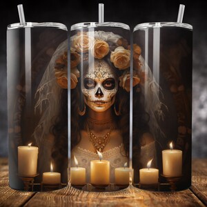 3D Sugar Skull Bride 20 oz Skinny Tumbler Sublimation Design, Straight Tumbler Wrap, Instant Digital Download PNG, 300 DPI