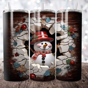 3D Christmas Snowman Hole In Wall 20 oz Skinny Tumbler Sublimation Design, Straight Tumbler Wrap, Instant Digital Download PNG 300 DPI