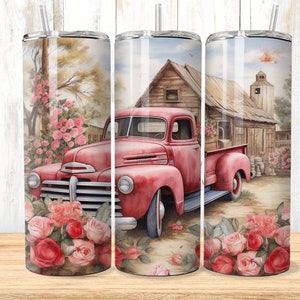 Red Truck Roses Tumbler Sublimation Design: Valentines Day 20oz Skinny Wrap (Digital Download)
