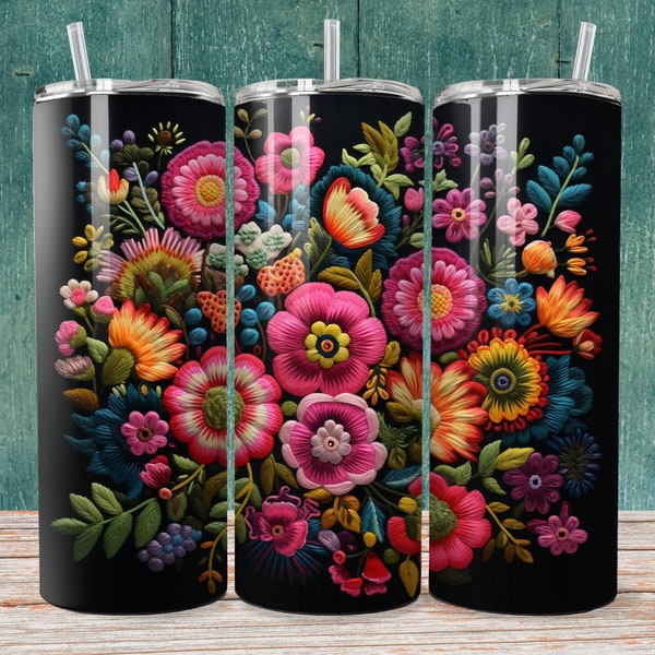 Mexican Floral Embroidered Tumbler Wrap 20 oz Skinny Tumbler Sublimation Design, Straight Tumbler Wrap, Instant Digital Download PNG 300 DPI