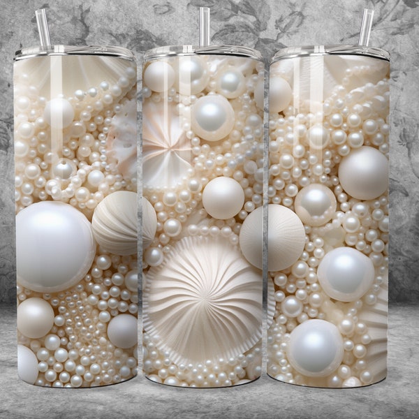 3D Pearls And Shells 20 oz Skinny Tumbler Sublimation Design, Straight Tumbler Wrap, Instant Digital Download PNG, 300 DPI