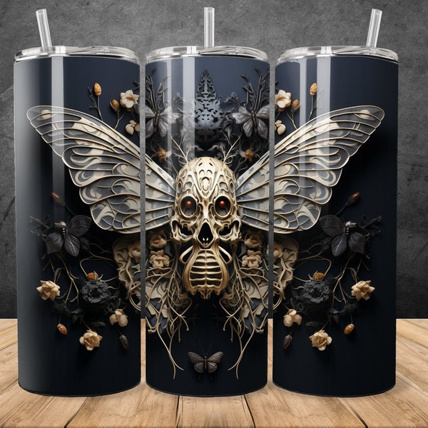 3D Deaths Head Moth 20 oz Skinny Tumbler Sublimation Design, Straight Tumbler Wrap, Halloween Skull Moth Instant Digital Download 300 DPI