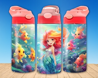 Mermaid 12 oz Flip Top Sippy Cup Sublimation Design, Straight 12 Oz Tumbler Wrap PNG, Kids Water Bottle, Digital Download, 300 DPI