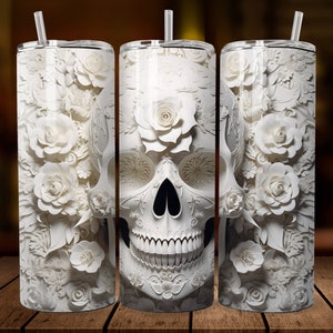 3D White Skull 20 oz Skinny Tumbler Sublimation Design, Straight Tumbler Wrap, Instant Digital Download PNG, 300 DPI
