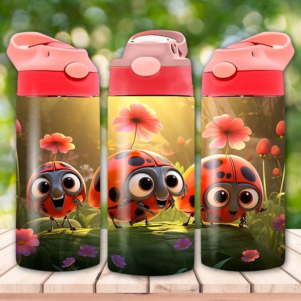 Cute Lady Bugs 12 oz Flip Top Sippy Cup Sublimation Design, Straight 12 Oz Tumbler Wrap PNG, Kids Water Bottle, Digital Download, 300 DPI