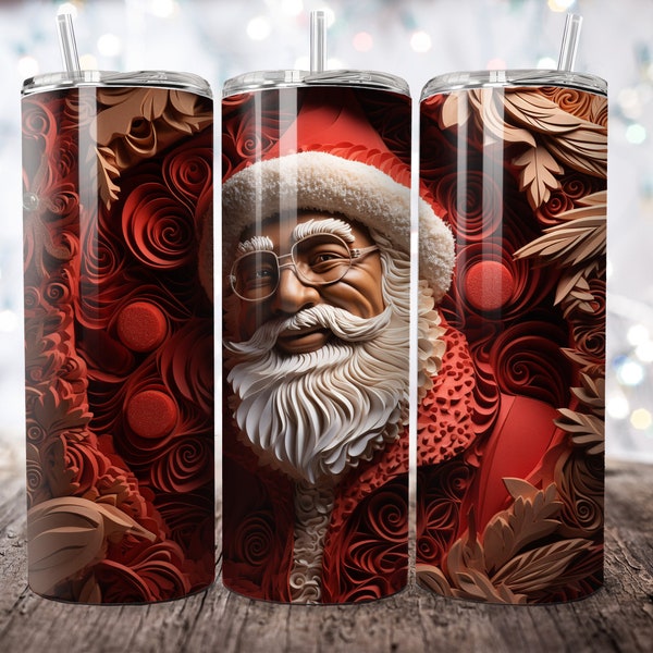 3D African American Santa Claus 20 oz Skinny Tumbler Sublimation Design, Straight Tumbler Wrap, Instant Digital Download PNG 300 DPI