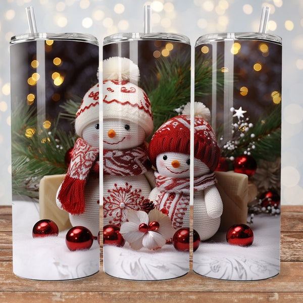 3D Cute Cross Stitch Snowmen 20 oz Skinny Tumbler Sublimation Design Straight Tumbler Wrap Christmas Scene Instant Digital Download PNG