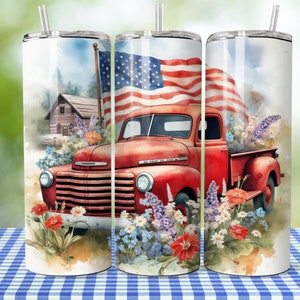 Patriotic Truck Tumbler Sublimation Design: Rustic Flag, Vintage (Digital Download)