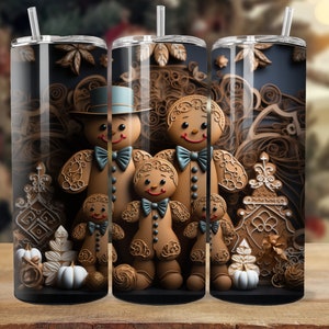 3D Gingerbread Family Tumbler Sublimation Design: Christmas Scene (Digital Download)
