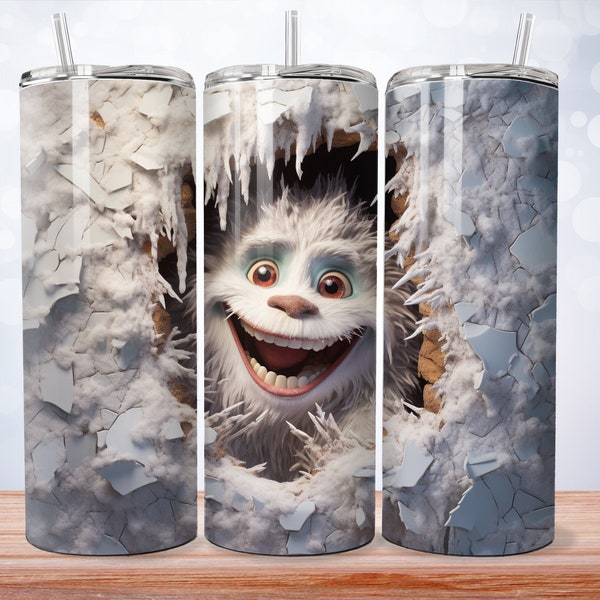 3D Abominable Snowman Hole In Wall 20 oz Skinny Tumbler Sublimation Design, Straight Tumbler Wrap, Instant Digital Download PNG 300 DPI