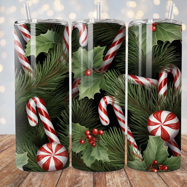 Christmas Candy Cane Sticks Pine Boughs 20 oz Skinny Tumbler Sublimation Design, Straight Tumbler Wrap, Instant Digital Download 300 DPI