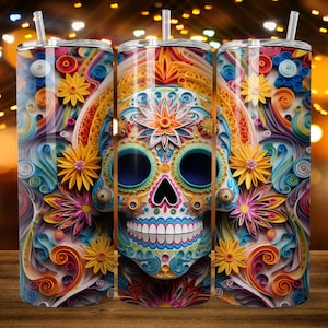 3D Quilling Sugar Skull 20 oz Skinny Tumbler Sublimation Design, Straight Tumbler Wrap, Instant Digital Download PNG, 300 DPI
