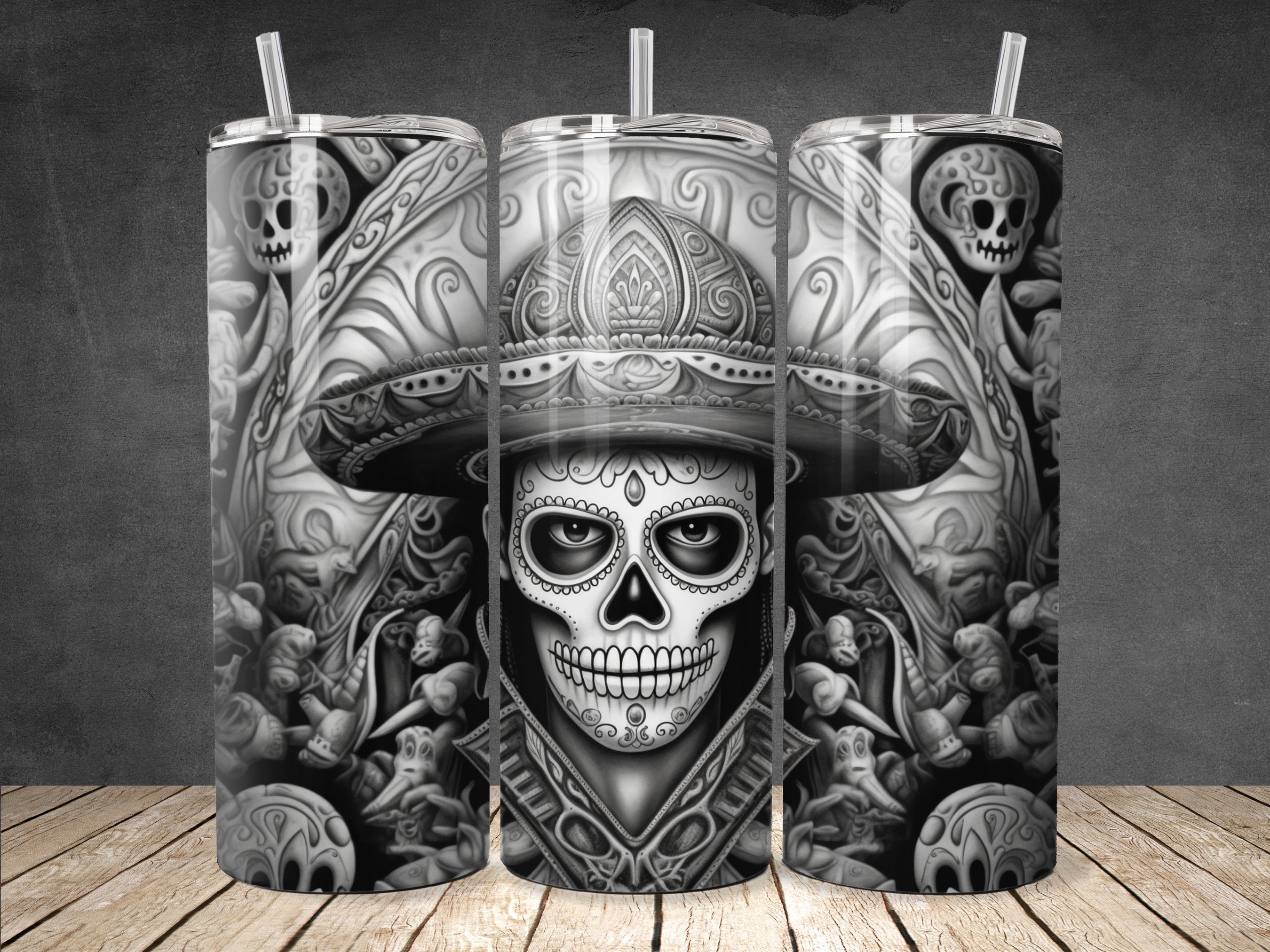 3D B&W Male Sugar Skull 20 oz Tumbler Sublimation Design (Digital Download)