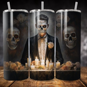 3D Sugar Skull Groom 20 oz Skinny Tumbler Sublimation Design, Straight Tumbler Wrap, Instant Digital Download PNG, 300 DPI