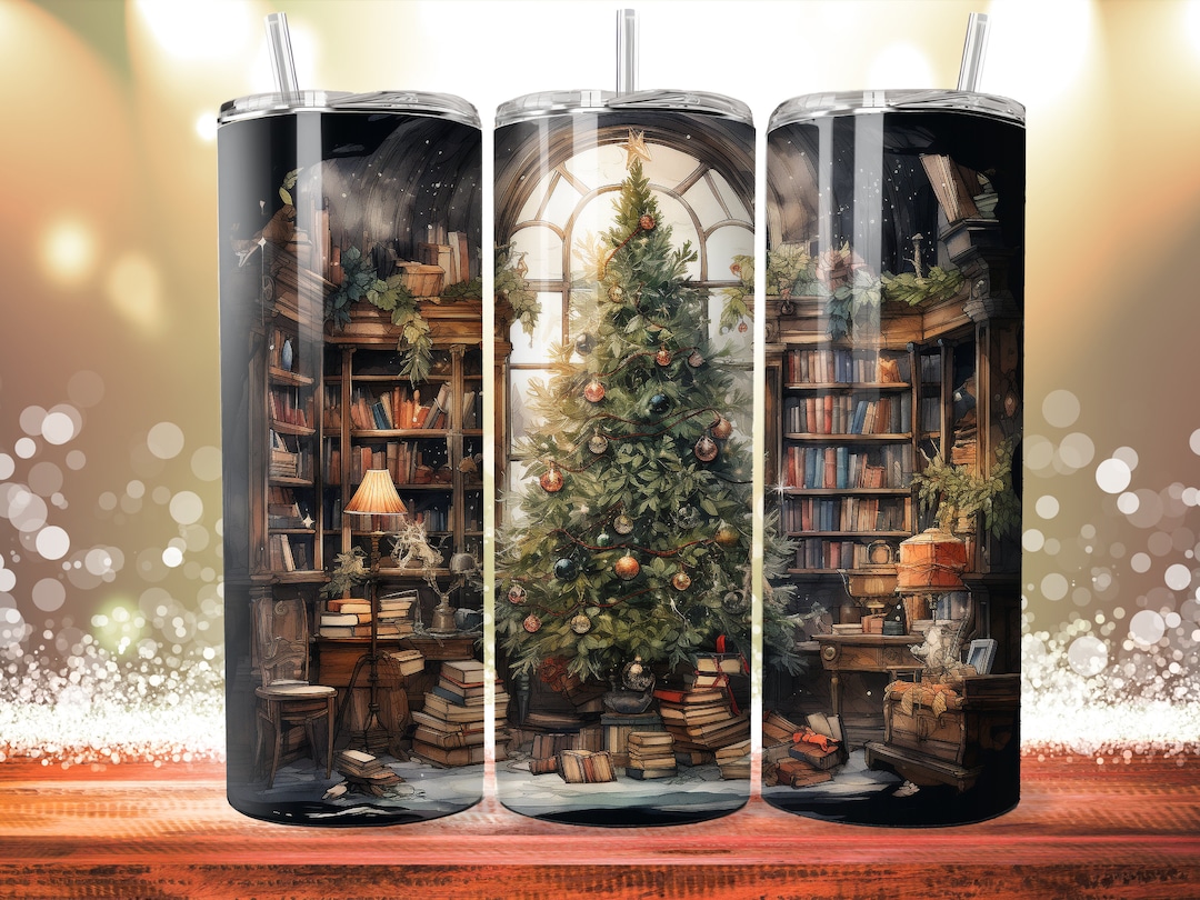 Christmas Tree Bookcase Library 20 Oz Skinny Tumbler Etsy